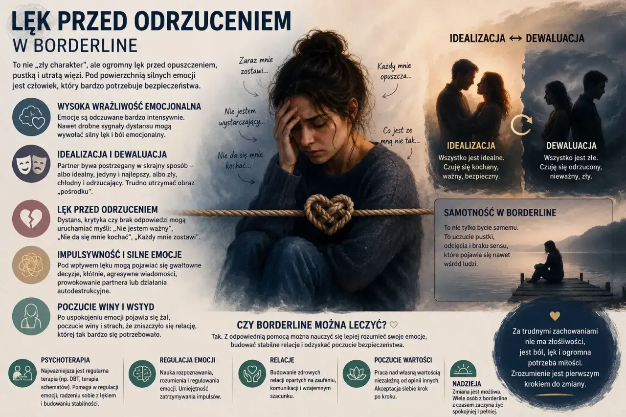 Lęk przed odrzuceniem w borderline: idealizacja, dewalucja, impulsywność, samotność. Zrozumienie to pierwszy krok do zmiany.
