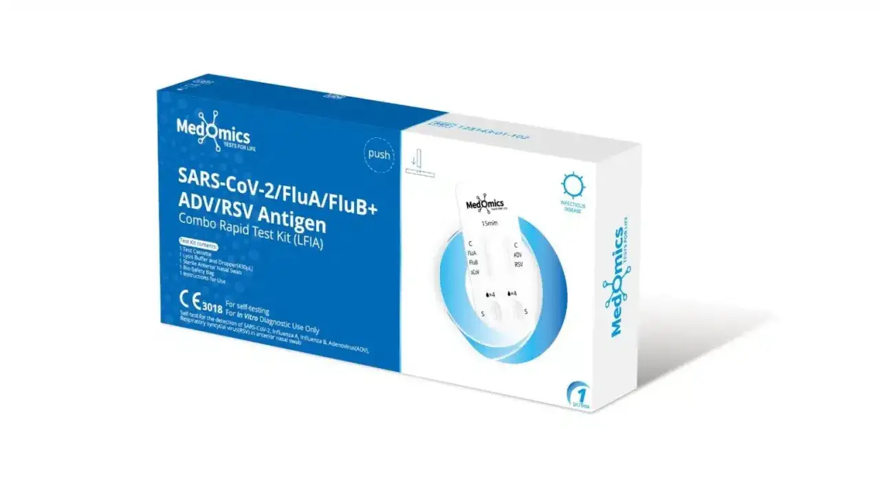 Test combo MedOmics wykrywa SARS-CoV-2, grypę A i B, RSV oraz adenowirus. Szybki test antygenowy do samodzielnego wykonania.