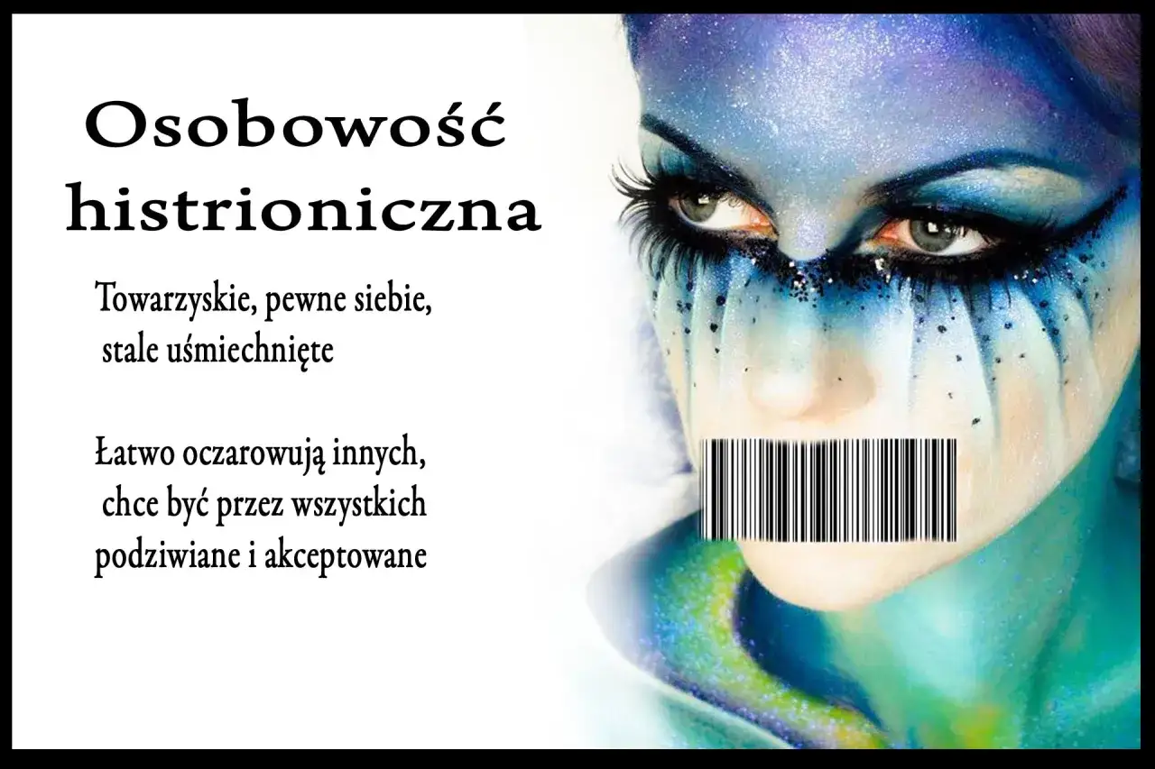 Osobowość histrioniczna przykłady: towarzyska, pewna siebie, uśmiechnięta, chce być podziwiana. Twarz z makijażem i kodem kreskowym na ustach.
