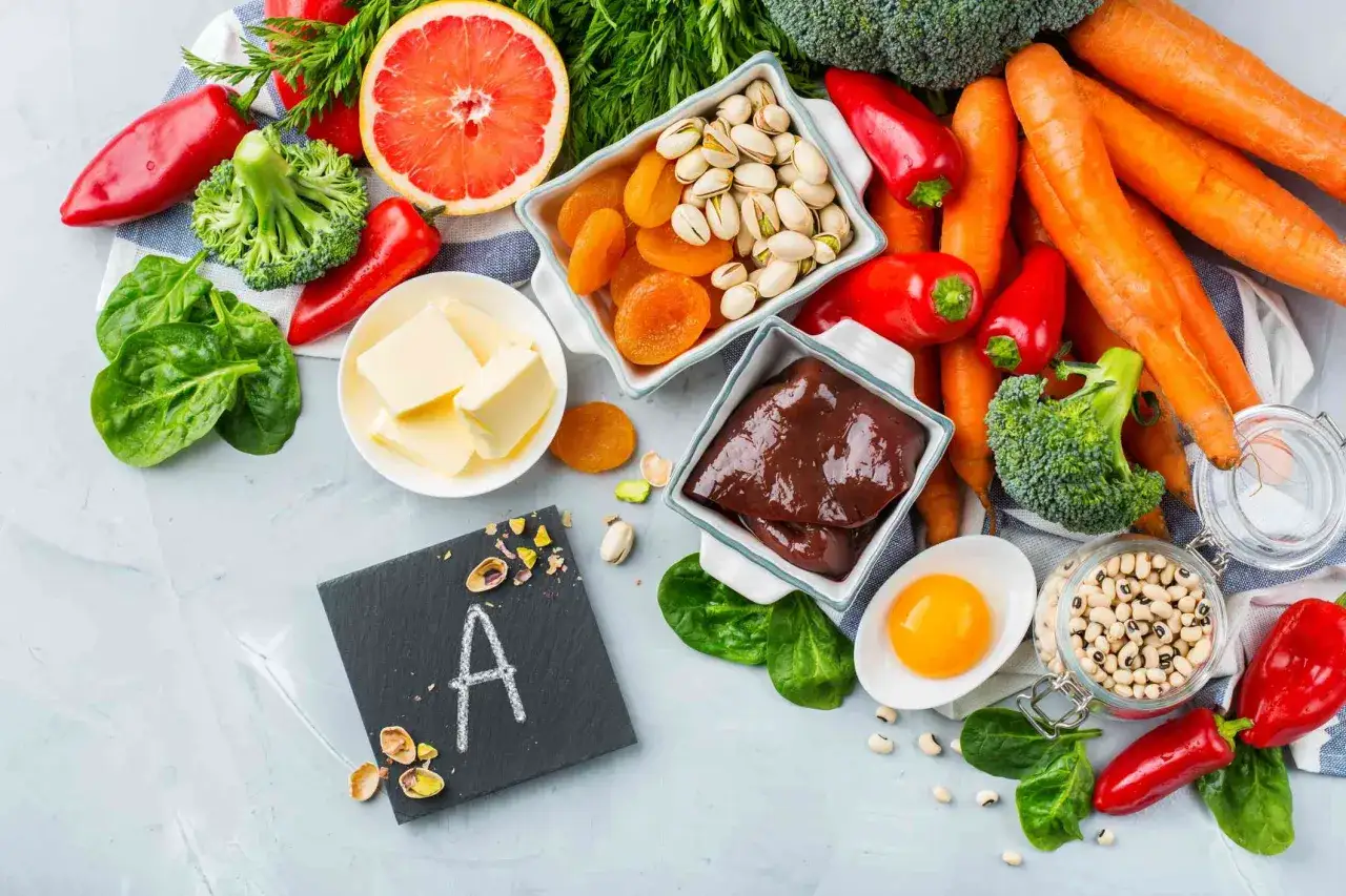Bogactwo produktów bogatych w witaminę A: marchew, wątróbka, jajko, szpinak, papryka, morele, pistacje.