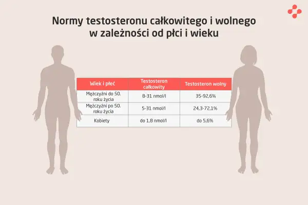 Tabela z normami testosteronu całkowitego i wolnego (w nmol/l) dla mężczyzn i kobiet w różnym wieku.