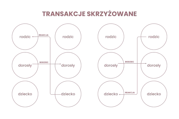 Schemat analizy transakcyjnej ilustrujący skrzyżowane transakcje między stanami ego: rodzic, dorosły, dziecko.