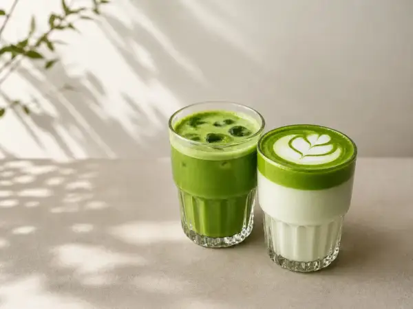 Dwa orzeźwiające napoje matcha: jeden z lodem, drugi z pianką i latte art. Idealne, by dowiedzieć się, jak pić matcha.