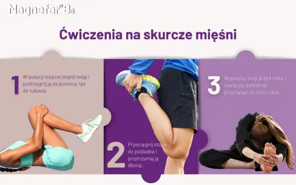 Ćwiczenia na skurcze mięśni: leżąc, podciągnij nogę do tułowia, przyciągnij stopę do pośladka, a potem wyprostuj nogi i pochyl się.