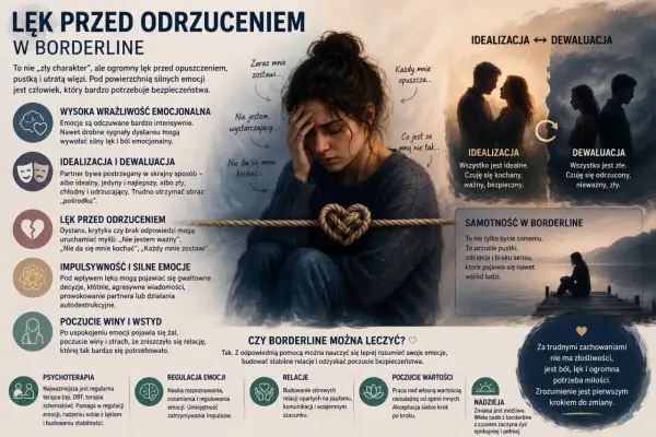 Kobieta z sercem z liny, symbolizująca lęk przed odrzuceniem w borderline. Myśli: "Nie jestem wystarczający", "Każdy mnie opuszcza".